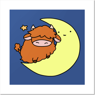 Highland Cow Crescent Moon Posters and Art